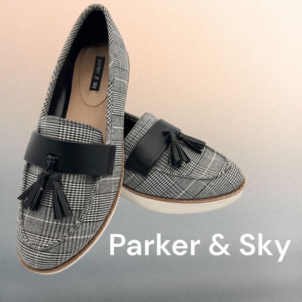 Parker & Sky Loafers Shoes Women’s 8 Black White Plaid Tassel Slip-On Platform